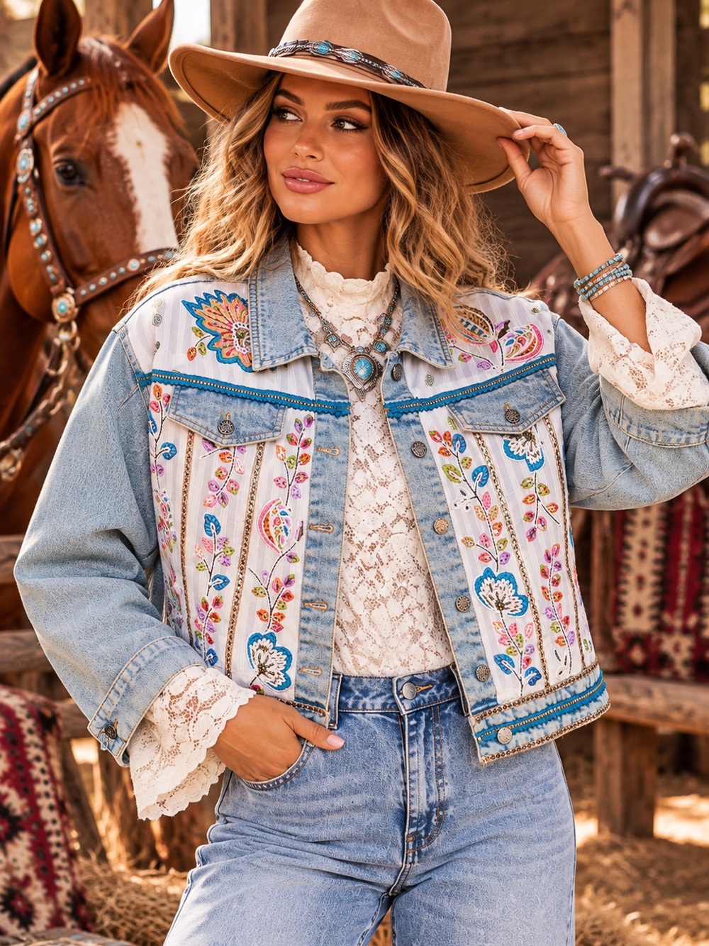 POL denim beaded sequin boho western tapestry patchwork floral jean jacket coat